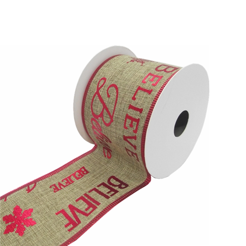 Natural  Hessian Ribbon with BELIEVE in Red Christmas Ribbon